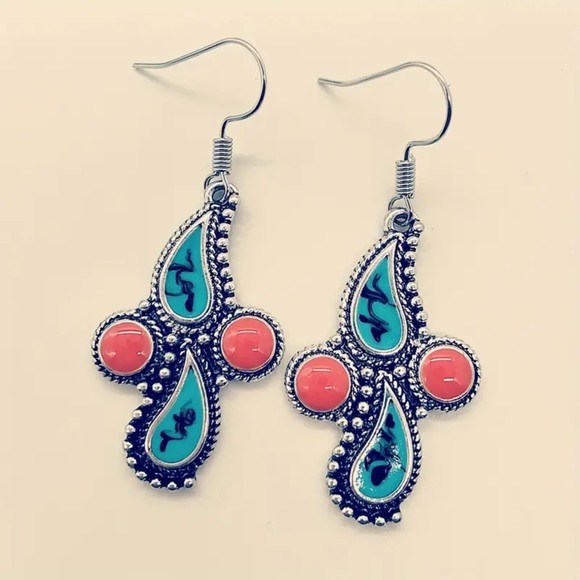 Coral and Turquoise Eclectic Water Drop Earrings - Picture 3 of 3